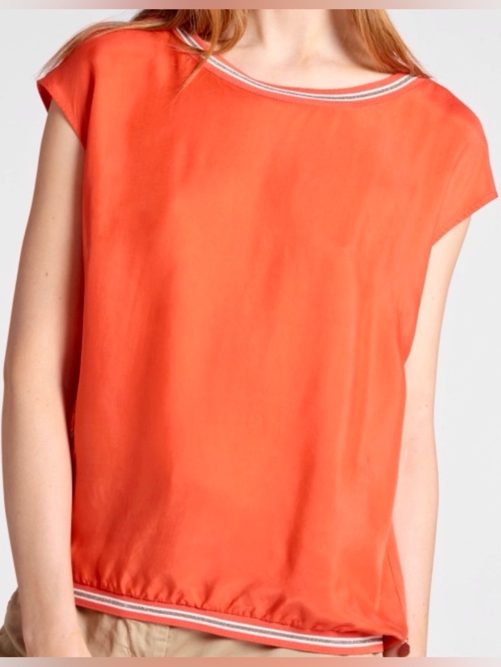 Sandwich Cap-Sleeved Shell Top w Bronze Metallic Stripe